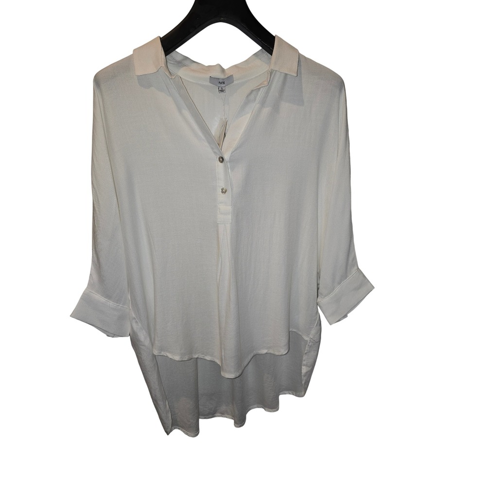Fate Womens White High Low Button Front Blouse Rayon Textured Top Size Small NWT
